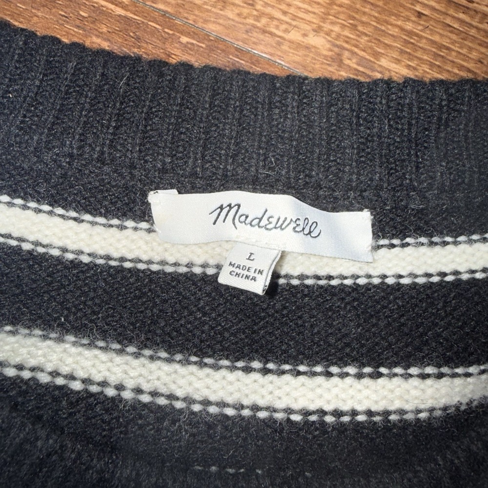 Madewell Black White Striped Button Sleeves Merino Wool Knit Sweater Dress Large - Picture 6 of 8